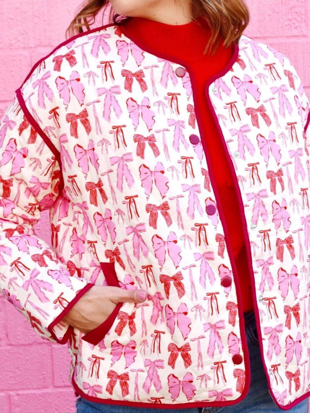Entro Pink Bow Print Quilted Jacket Size Small NWT